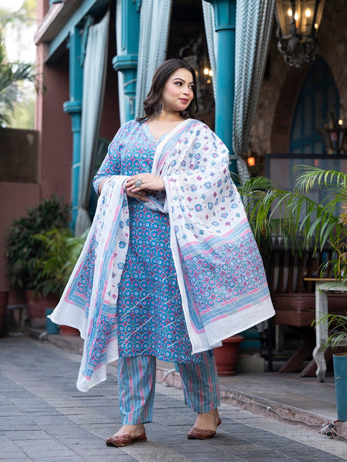 Women Plus Size Blue Pure Cotton Kurta Set With Dupatta